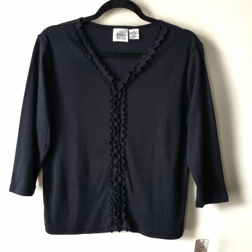 Women Vintage Y2K Jason Maxwell Black Ruffle Knit Top M Retro Whimsy Soft Goth